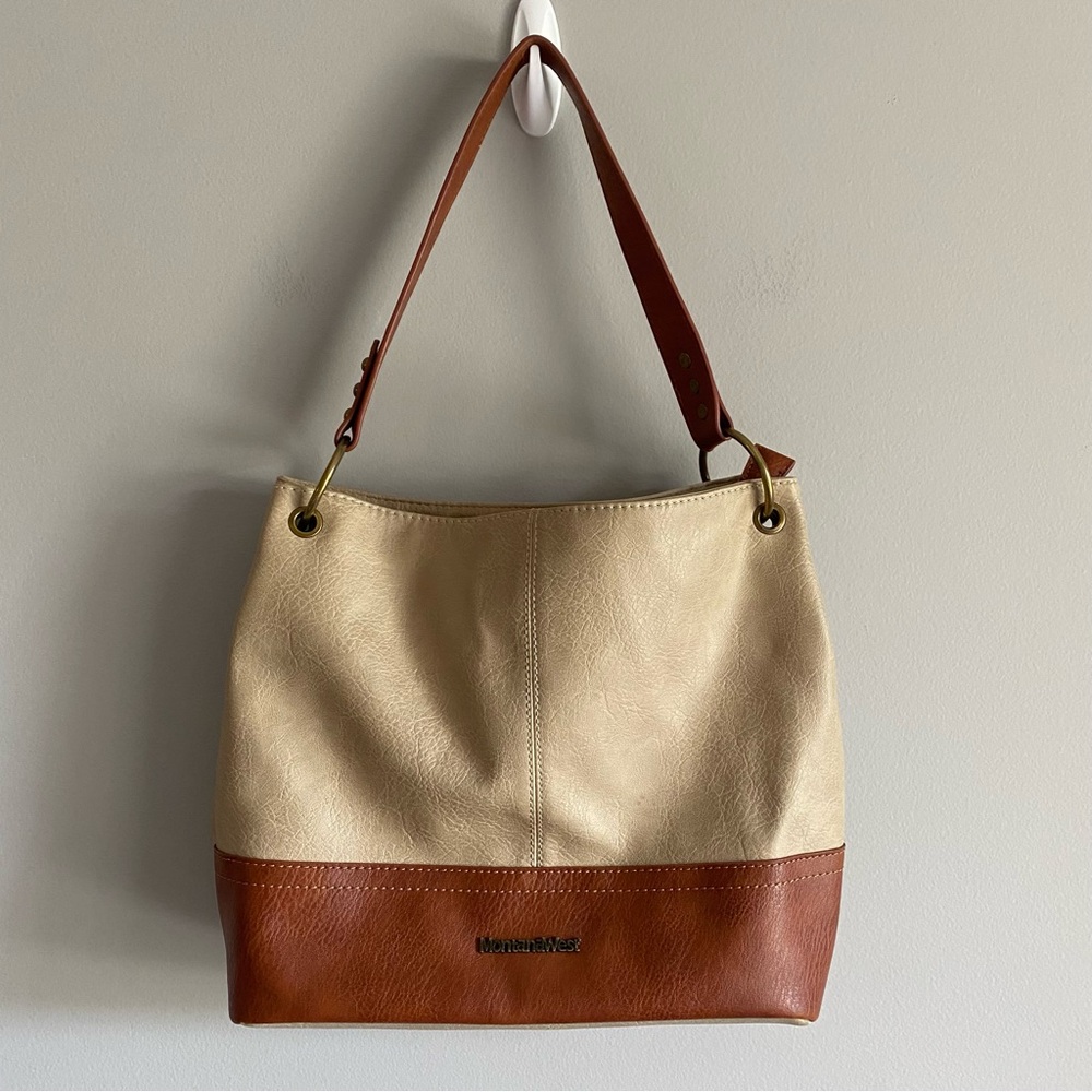 Montana West Tan & Brown Leather Zip Top Shoulder Tote Purse Medium Size